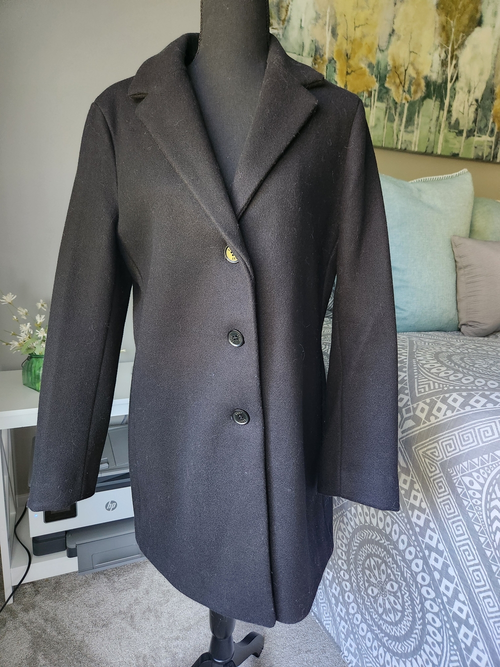 DKNY Classic Black Wool Blend Single-Breasted Coat